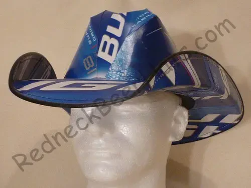 Bud Light Style Beer Box Cowboy Hat made from a blue Bud Light beer box